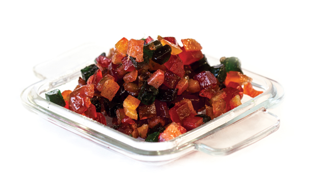 Sucres (sirop de maïs, glucose-fructose, sucre), Papaye, Zeste d'orange, Zeste de citron, Cerises, Acide citrique, Benzoate de sodium, Rouge allura, Tartrazine, Arôme artificiel, Bleu brillant FCF.

Peut contenir des noyaux et des tiges.
Contenir des traces de sulfites < 10 ppm