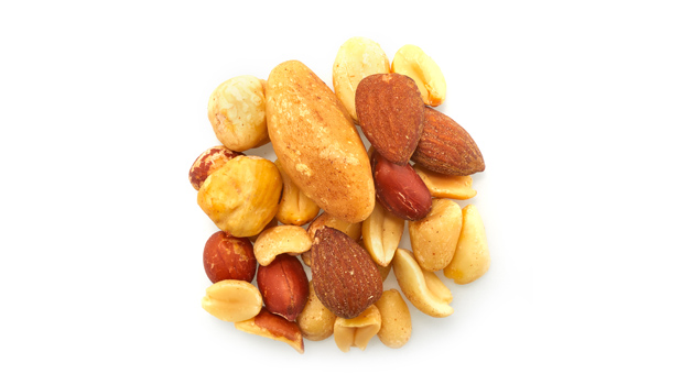 Roasted red skin peanuts, Roasted blanched peanuts, Roasted almonds, Roasted brazil nuts,  Roasted cashews, Roasted filberts, Non-GMO canola oil.