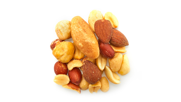 Roasted red skin peanuts, Roasted blanched peanuts, Roasted almonds, Roasted brazil nuts,  Roasted cashews, Roasted filberts, Non-GMO canola oil.
May contain: Other tree nuts
This product may occasionally contain shell pieces