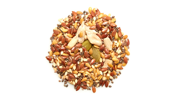 Organic brown flax seeds, organic golden flax seeds, organic sunflower seeds, organic natural sesame seeds, organic black chia seeds, organic pumpkin seeds.