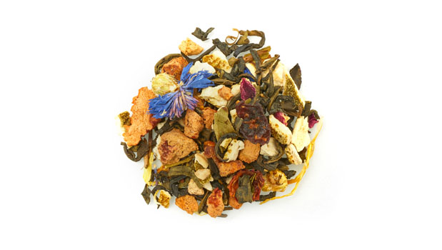 Organic jasmine green tea leaves, organic orange peels, organic apple pieces, organic white tea leaves, natural flavours, organic rosehips berries, organic flavour, organic cornflower petals, organic rose petals, organic marigold petals, organic blueberries.