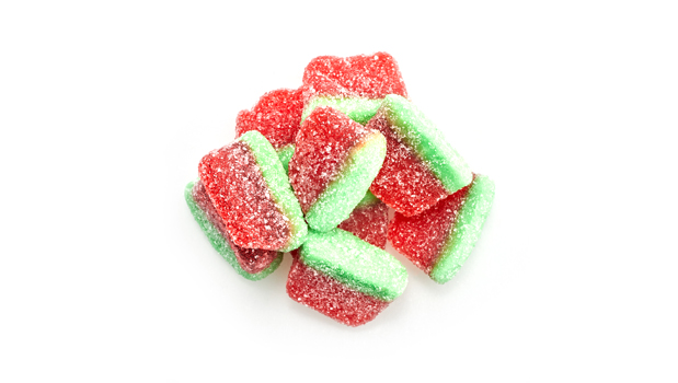 Sugars (glucose syrup, sugar), Gelatin, Modified potato starch, Citric acid, Lactic acid, Malic acid, Sodium malate (acidity regulator), Artificial flavor, Colors [anthocyanin, allura red (FD&C red no.40), turmeric, carotene, brilliant blue FCF (FD&C blue no.1)]