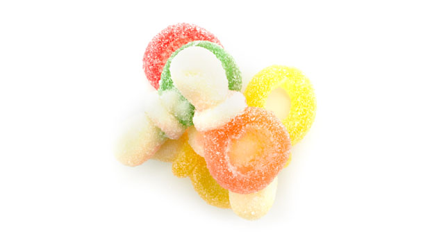 Sugars(glucose syrup, sugar), Gelatin, Modified potato starch, Citric acid, Lactic acid, Malic acid, Sodium malate(acidity regulator), Artificial flavor, Colours[turmeric, anthocyanins, allura red (FD&C red no.40), carotene, brilliant blue FCF (FD&C blue no.1)]