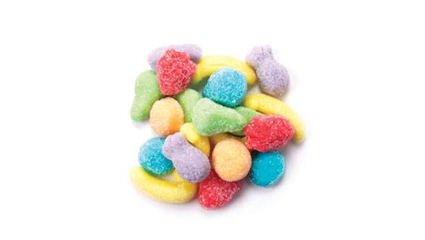 Sugars (sugar, glucose syrup, dextrose), Corn starch, Gelatin, Citric acid, Lactic acid, Malic acid,  Artificial flavor, Sodium malate, Colors [tumeric, allura red (FD&C red No. 40), brilliant blue FCF (FD&C blue No. 1)]