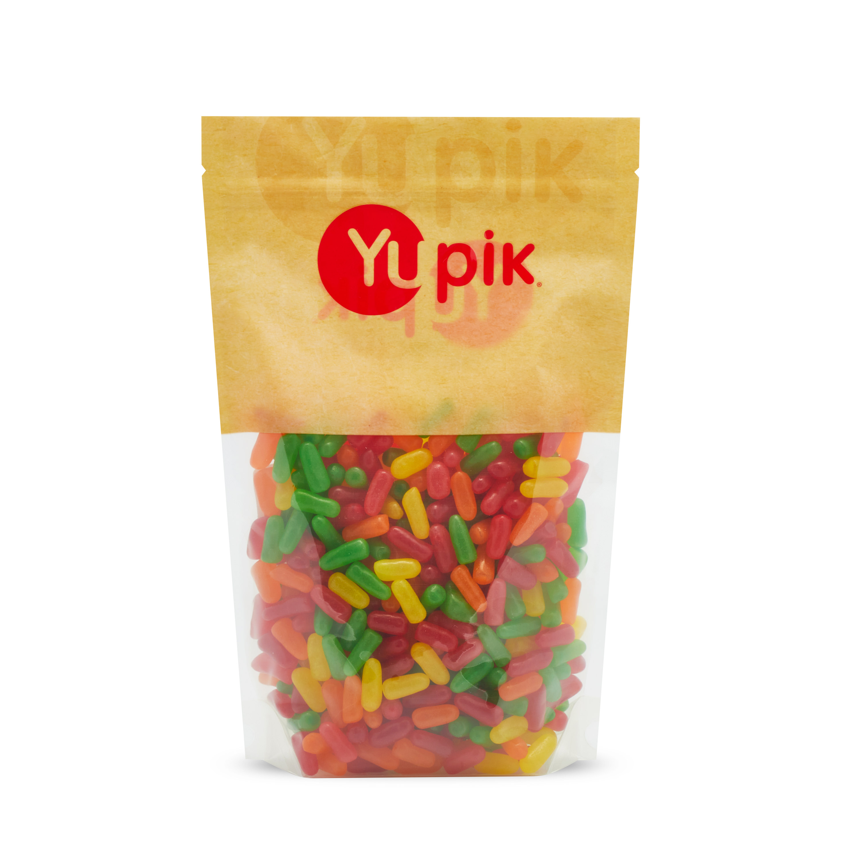 Sugars (sugar, corn syrup), Modified corn starch, Fumaric acid, Sodium citrate, Natural and artificial flavours, Corn dextrin, Citric acid, Malic acid, Shellac, Carnauba wax, Modified coconut and/or palm kernel oil (medium chain triglycerides), Allura red, Sunset yellow FCF, Tartrazine, Brilliant blue FCF.