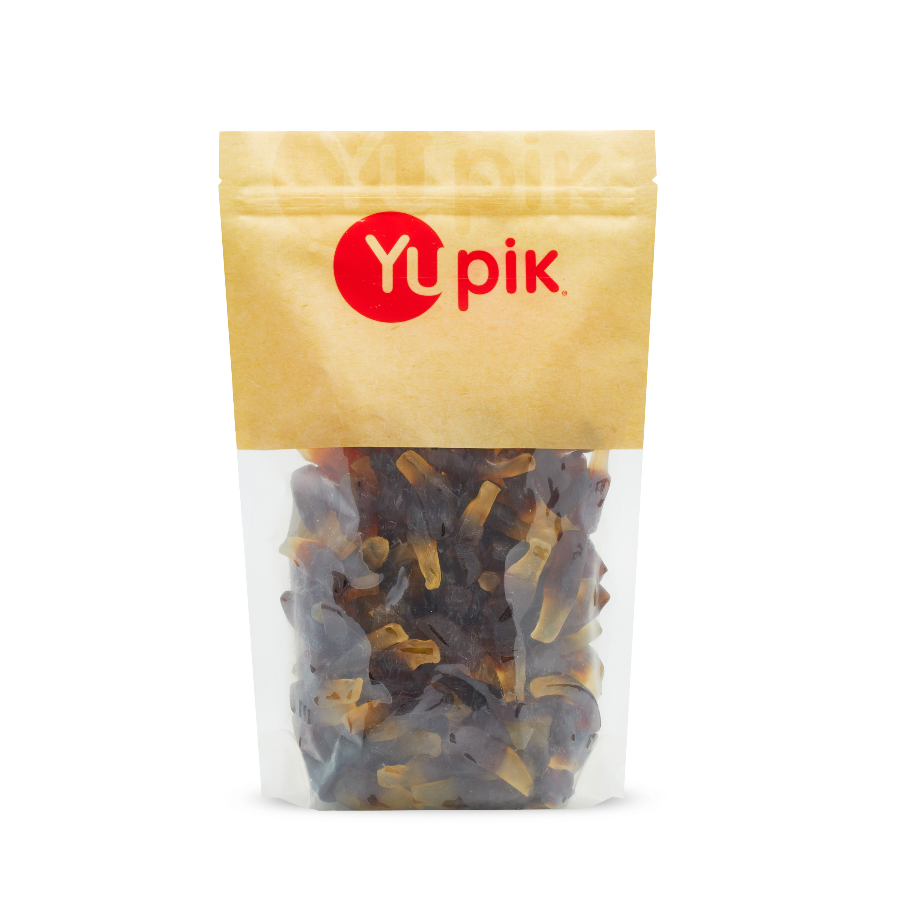 Sucres (Sirop de glucose, sucre), eau, gélatine, fécule de pomme de terre modifiée, acide citrique, acide lactique, huile végétale (palme), cire d'abeille, cire de carnauba, colorant caramel, arôme artificiel.