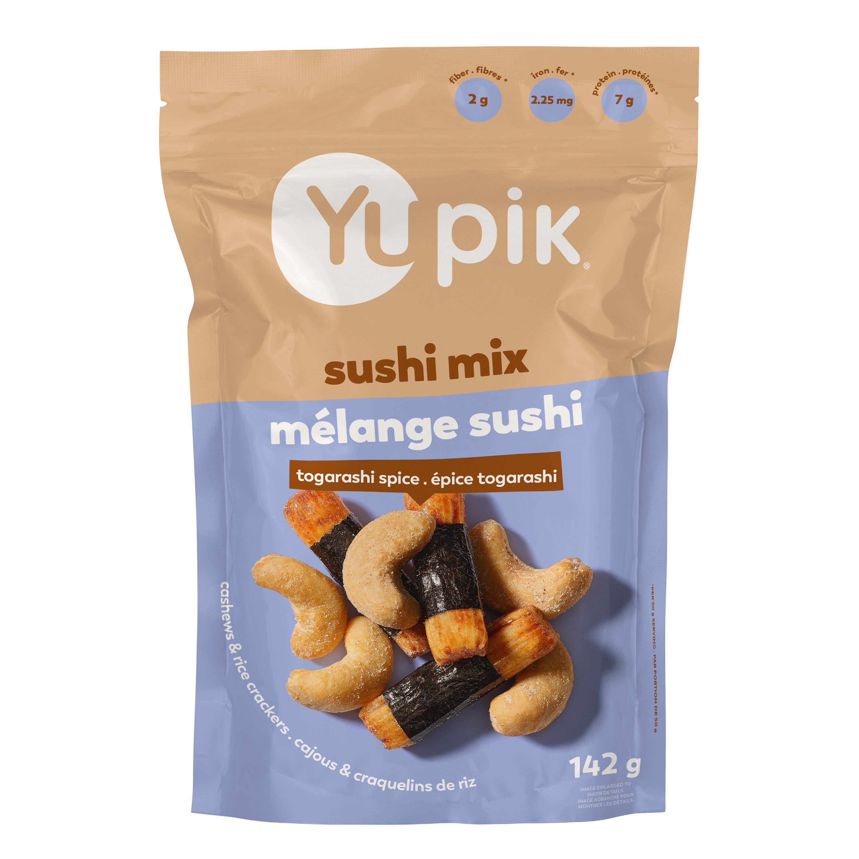 Cajou, Croustilles au sushi [farine de riz, sauce de soja (soja, blé, sel, eau), algue, sucre, fécule de tapioca], Assaisonnement (maltodextrine, sel, epices, ecorce d'orange, extrait de levure, algue, chili gochugaru, extrait de paprika, concentré de jus d'orange, acde citrique, arôme naturel, dioxyde de silicium, huile de tournesol), Huile de canola non-OGM.