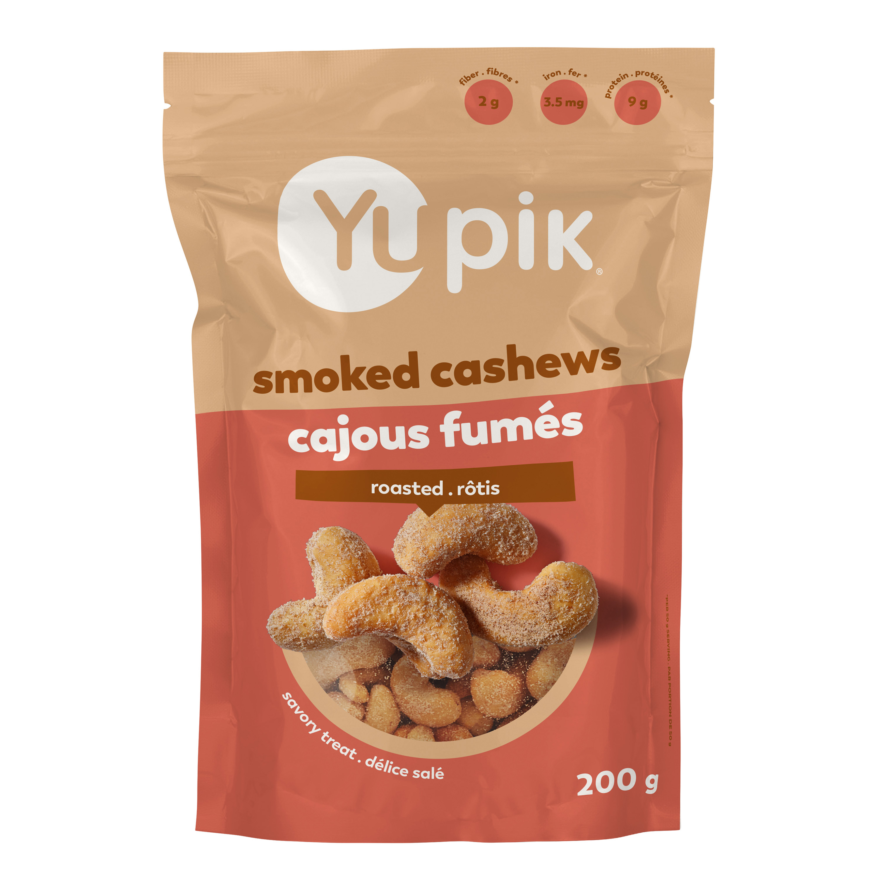 Cashews, Non GMO canola oil, Smoke seasoning [sugars (maltodextrin), salt, natural smoke flavour, yeast extract, hydrolyzed plant proteins (corn, soy), silicon dioxide (anti-caking agent)]
May contain: Peanuts, Other tree nuts, Sesame, Milk, Egg, Wheat, Mustard, Sulphite.